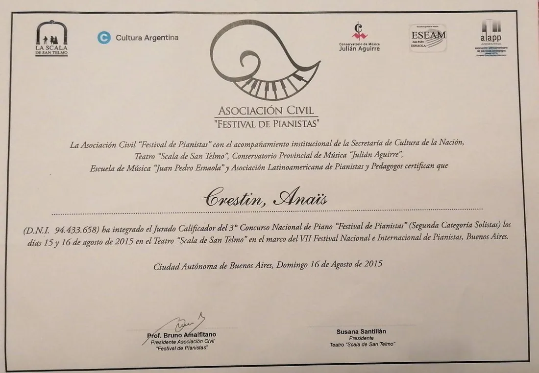 Anaïs Crestin, certificat de membre du jury, Festival de Pianistins 2015
